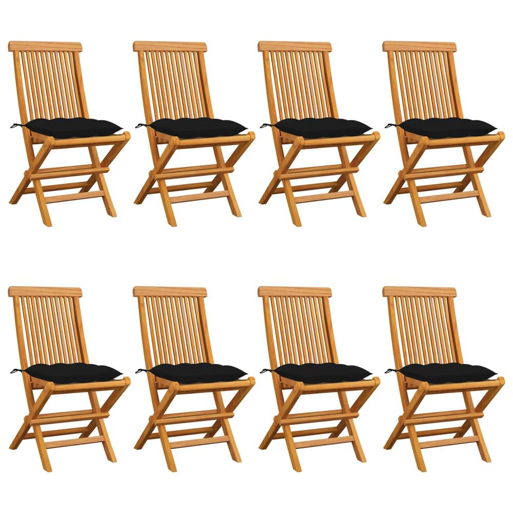 vidaXL Patio Chairs with Black Cushions 8 pcs Solid Teak Wood. Picture 1