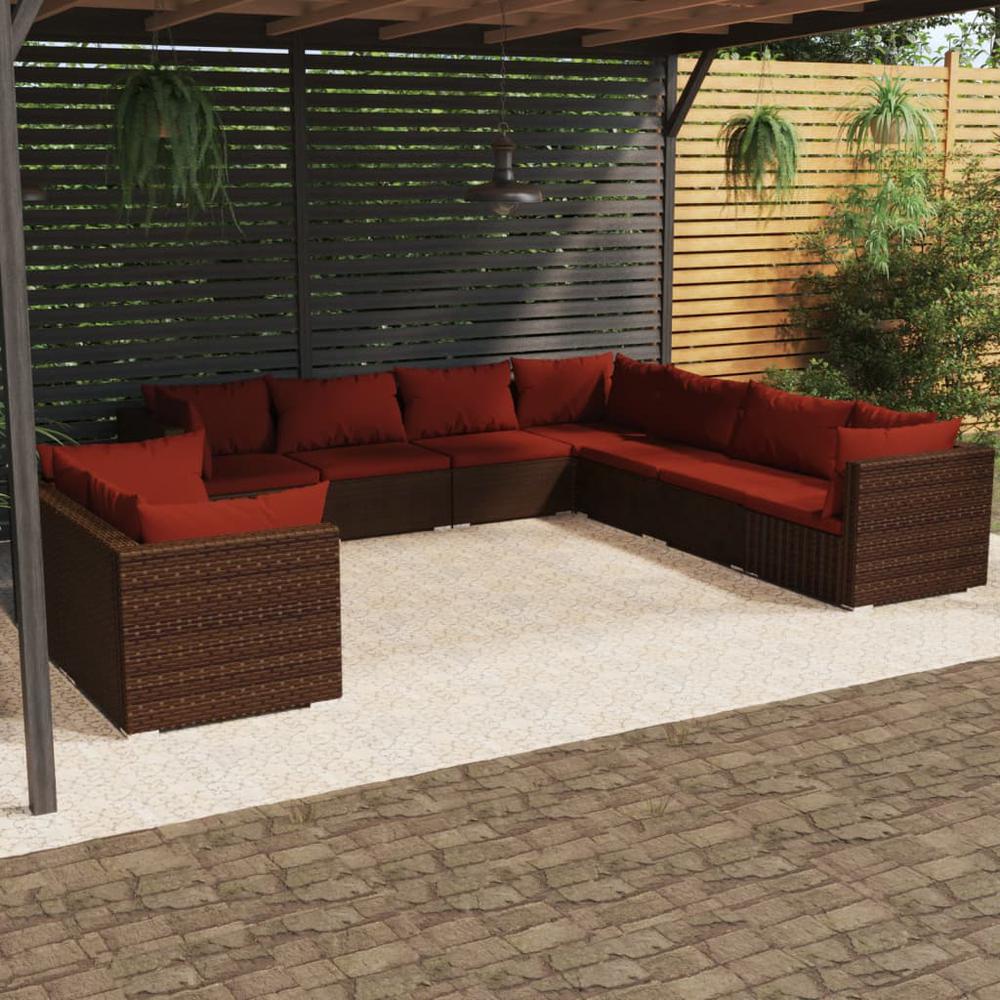 vidaXL 9 Piece Patio Lounge Set with Cushions Brown Poly Rattan, 3102499. Picture 1