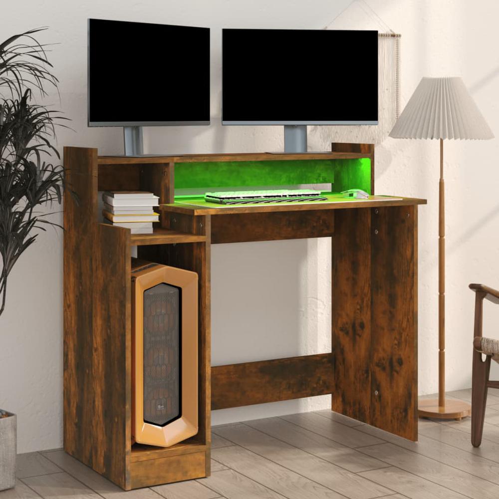 vidaXL Desk with LED Lights Smoked Oak 38.2"x17.7"x35.4" Engineered Wood. Picture 4