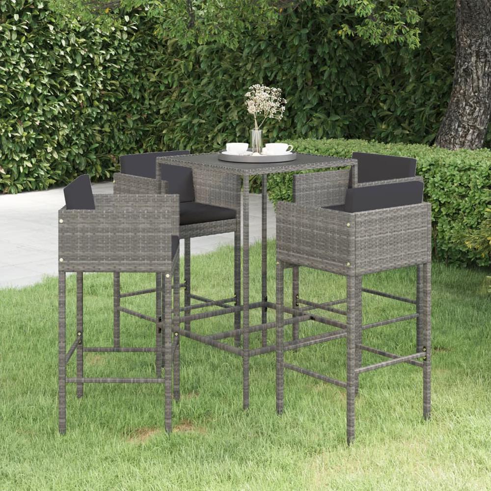 vidaXL 5 Piece Patio Bar Set with Cushions Poly Rattan Gray, 3094791. Picture 1