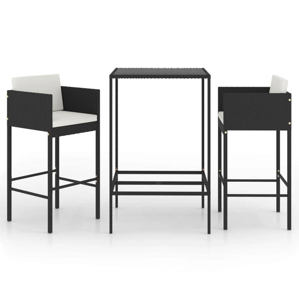 vidaXL 3 Piece Patio Bar Set with Cushions Poly Rattan Black, 3094787. Picture 2