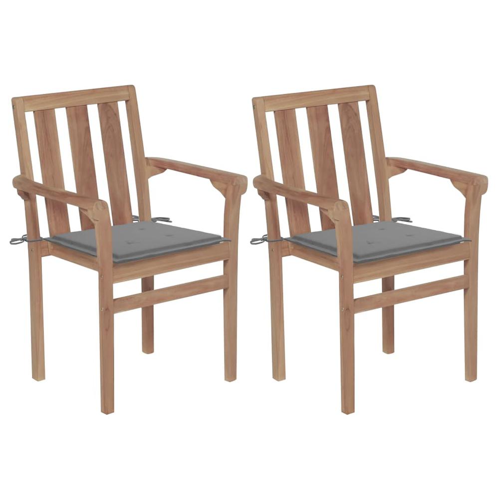 vidaXL Patio Chairs 2 pcs with Gray Cushions Solid Teak Wood, 3062209. Picture 1