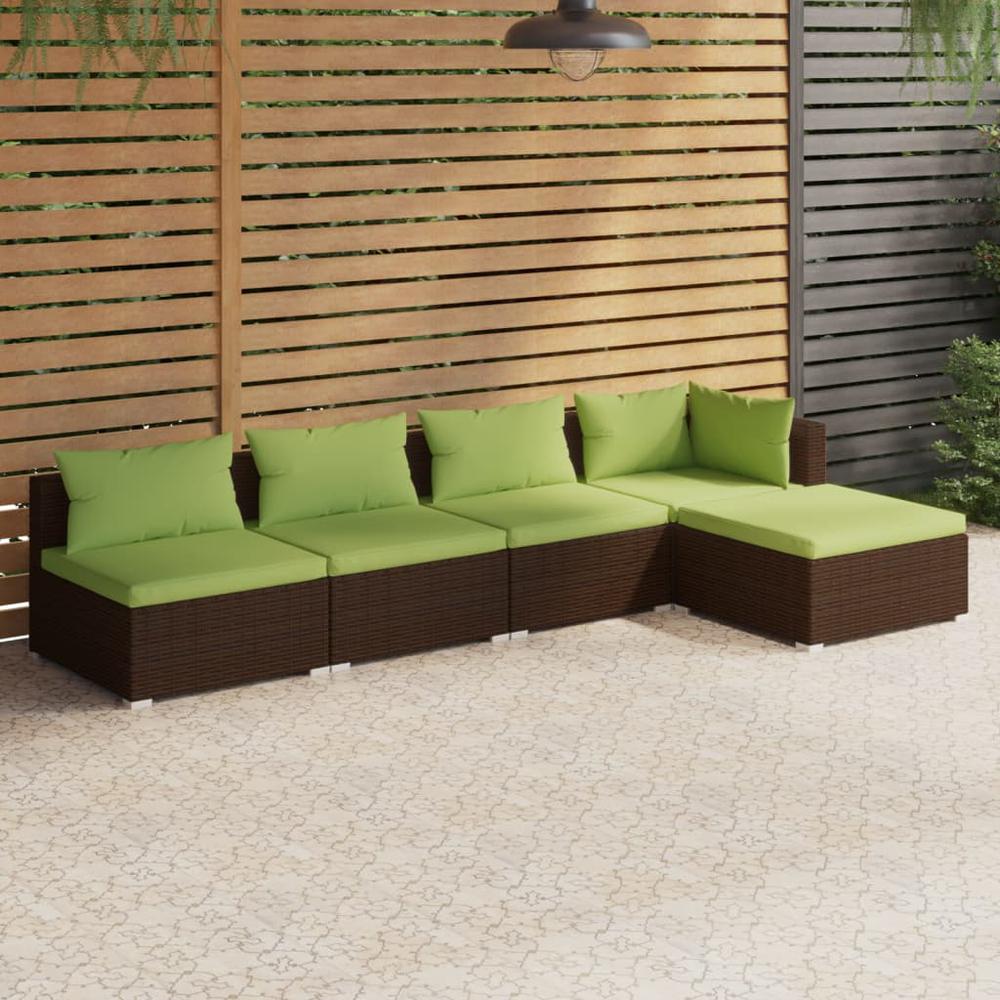 vidaXL 5 Piece Patio Lounge Set with Cushions Poly Rattan Brown, 3101628. Picture 1