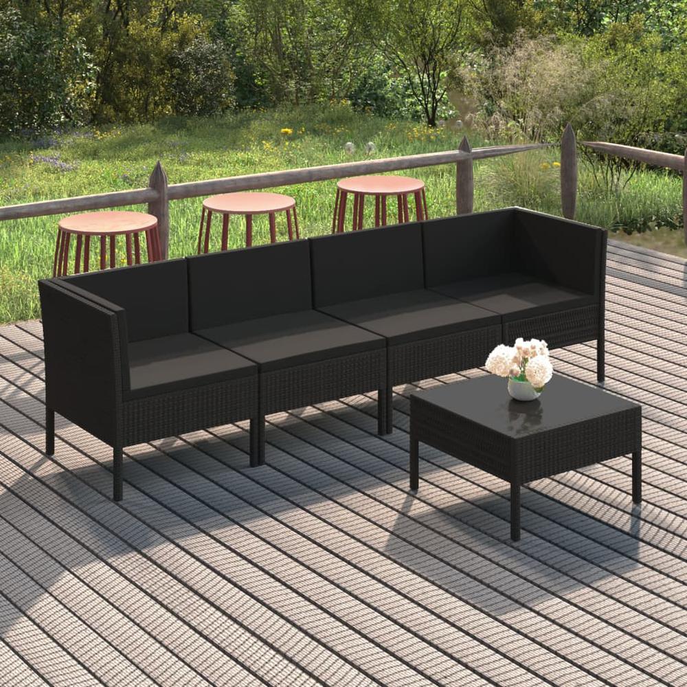 vidaXL 5 Piece Patio Lounge Set with Cushions Poly Rattan Black, 3094337. Picture 1