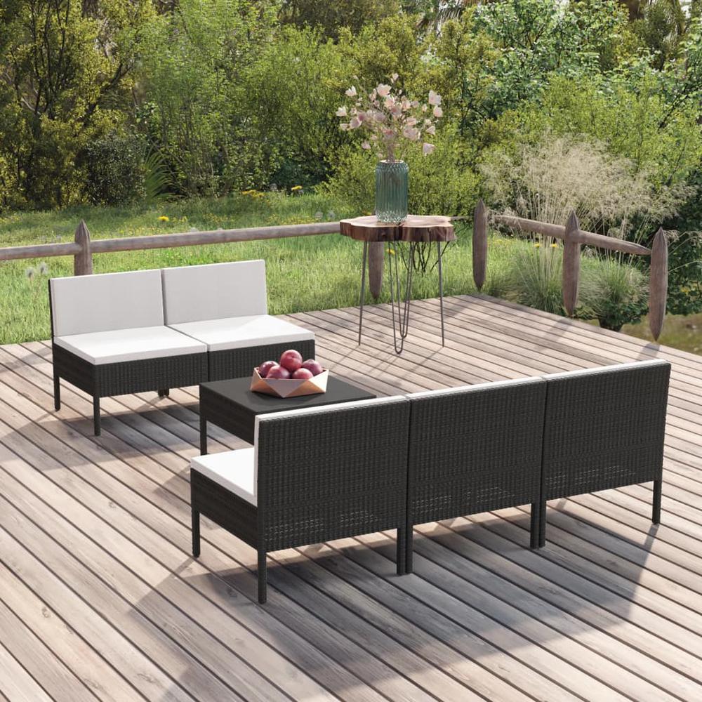 vidaXL 6 Piece Patio Lounge Set with Cushions Poly Rattan Black, 3094320. Picture 1