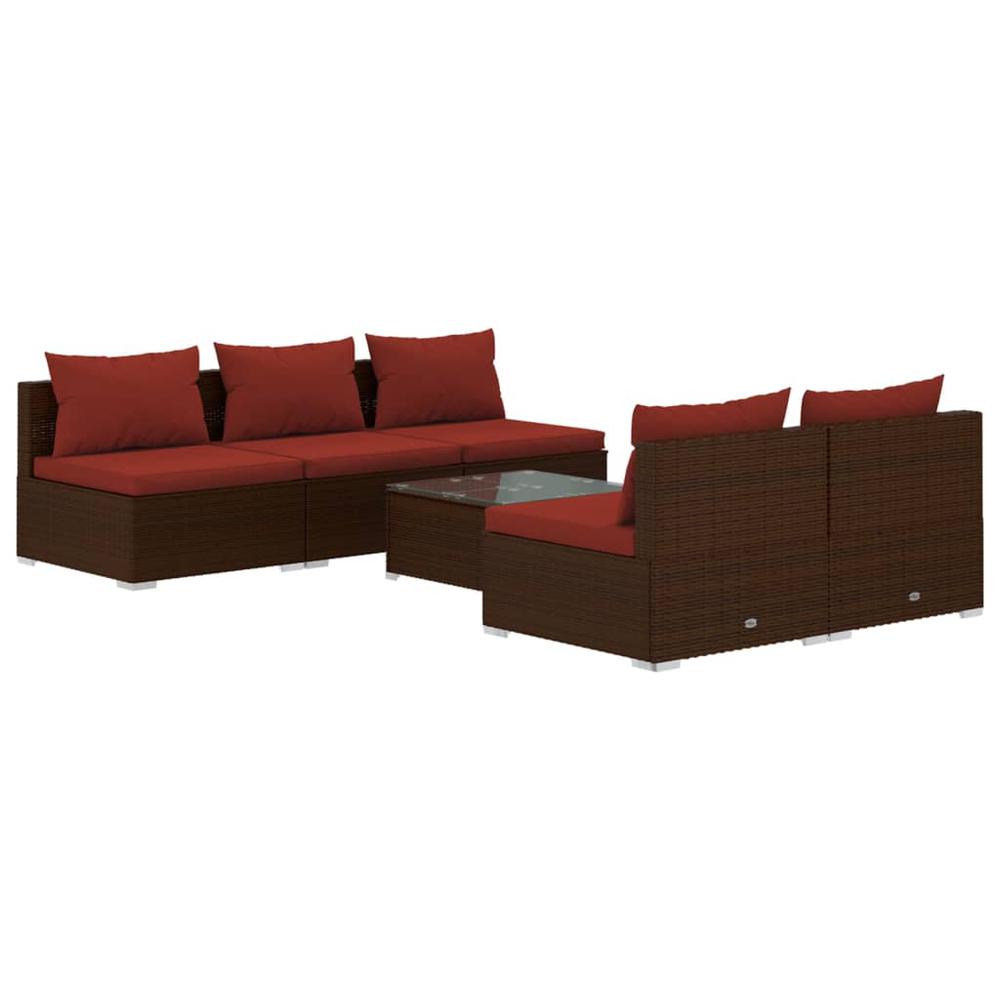 vidaXL 6 Piece Patio Lounge Set with Cushions Poly Rattan Brown, 3101451. Picture 2