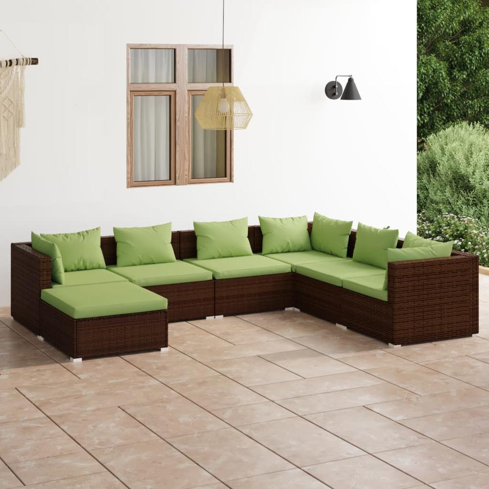 vidaXL 7 Piece Patio Lounge Set with Cushions Poly Rattan Brown, 3101836. Picture 1