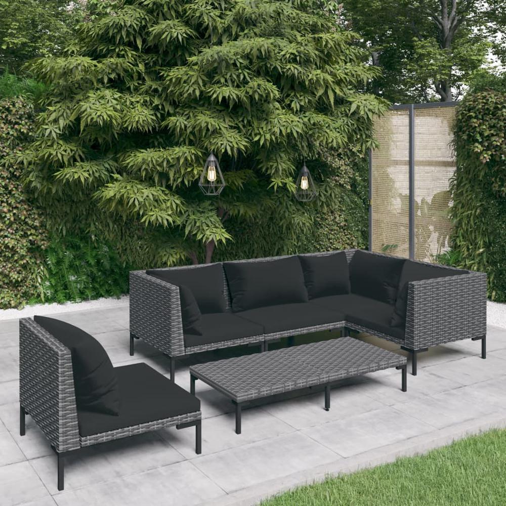 vidaXL 6 Piece Patio Lounge Set with Cushions Poly Rattan Dark Gray, 3099853. Picture 1