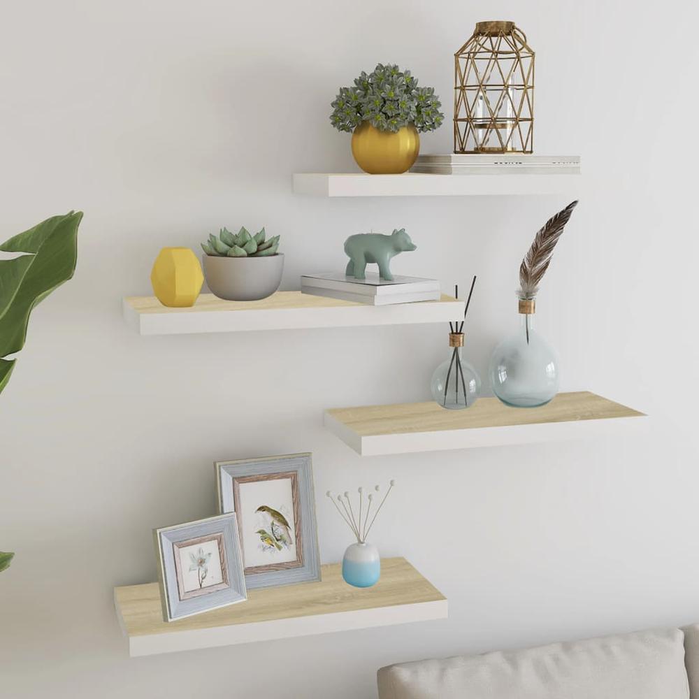 vidaXL Floating Wall Shelves 4 pcs Oak and White 23.6"x9.3"x1.5" MDF. Picture 1