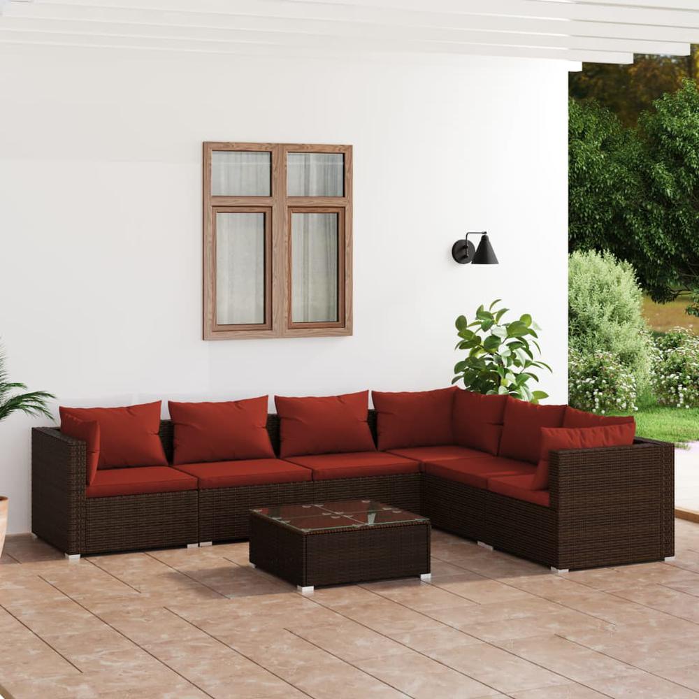 vidaXL 7 Piece Patio Lounge Set with Cushions Poly Rattan Brown, 3101731. Picture 1