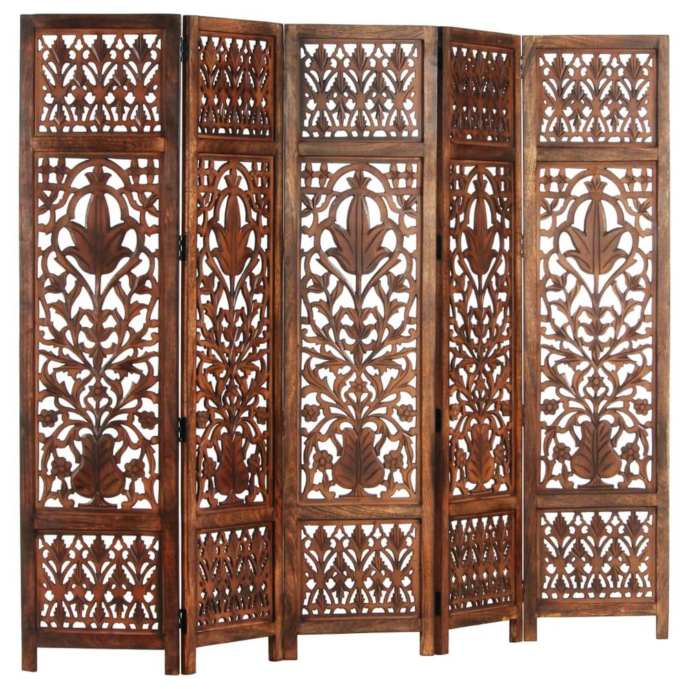 vidaXL Hand Carved 5-Panel Room Divider Brown 78.7"x65" Solid Mango Wood, 285335. Picture 1