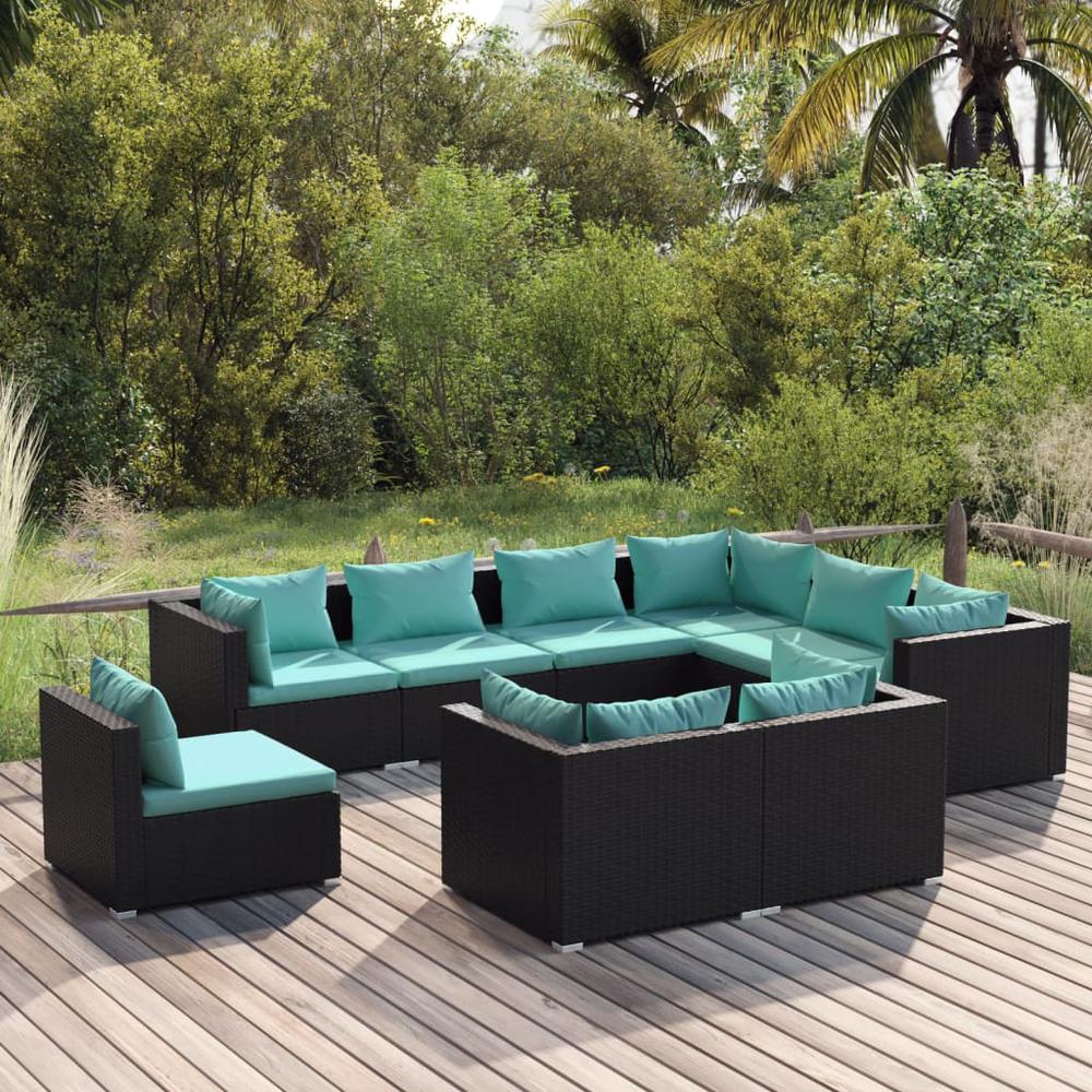 vidaXL 9 Piece Patio Lounge Set with Cushions Poly Rattan Black, 3102641. Picture 1