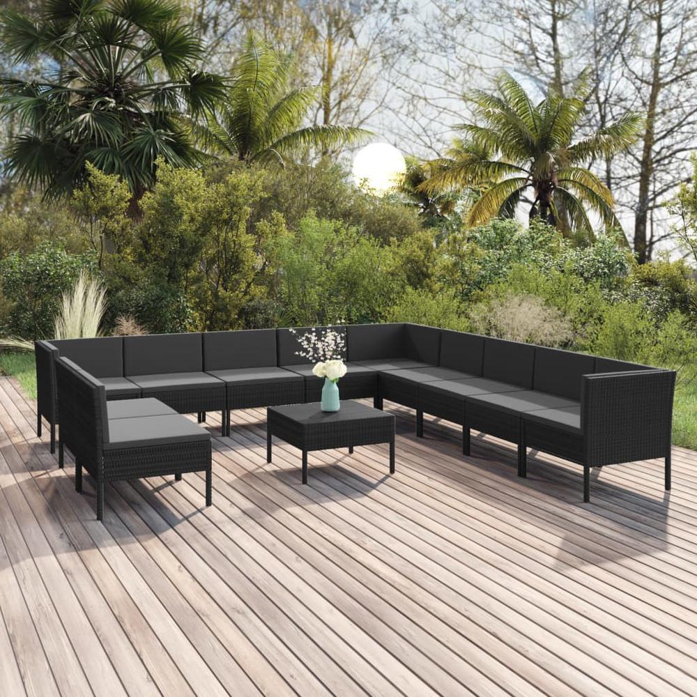 vidaXL 12 Piece Patio Lounge Set with Cushions Poly Rattan Black, 3094477. Picture 1