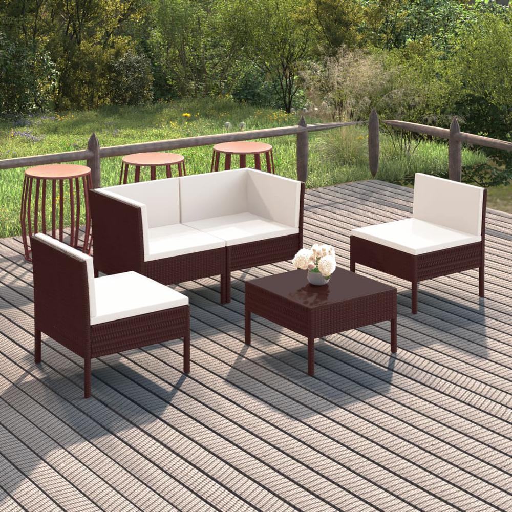 vidaXL 5 Piece Patio Lounge Set with Cushions Poly Rattan Brown, 3094339. Picture 1