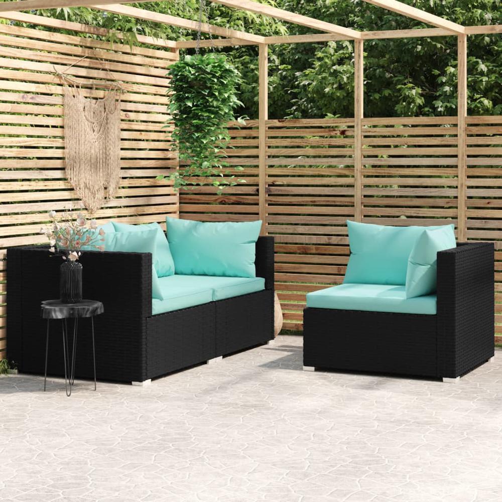vidaXL 3 Piece Patio Lounge Set with Cushions Black Poly Rattan, 317538. Picture 1