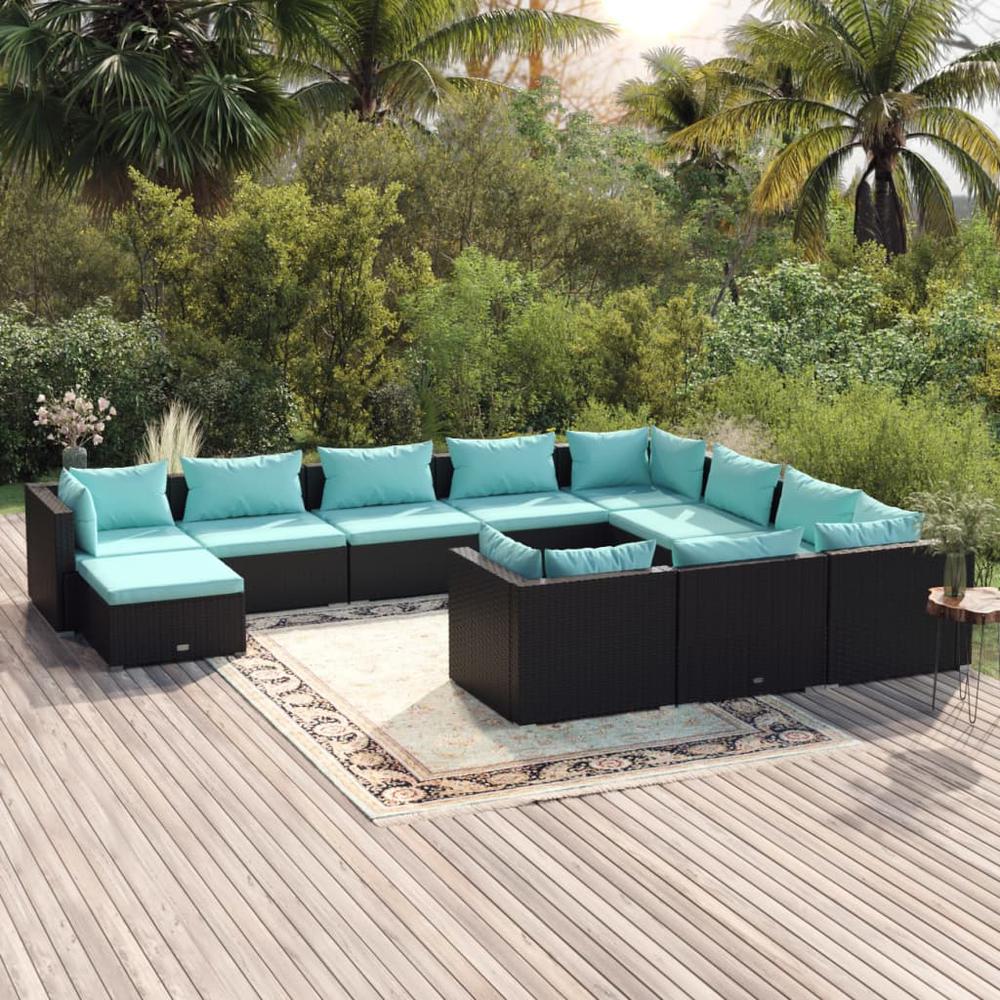 vidaXL 11 Piece Patio Lounge Set with Cushions Poly Rattan Black, 3102697. Picture 1