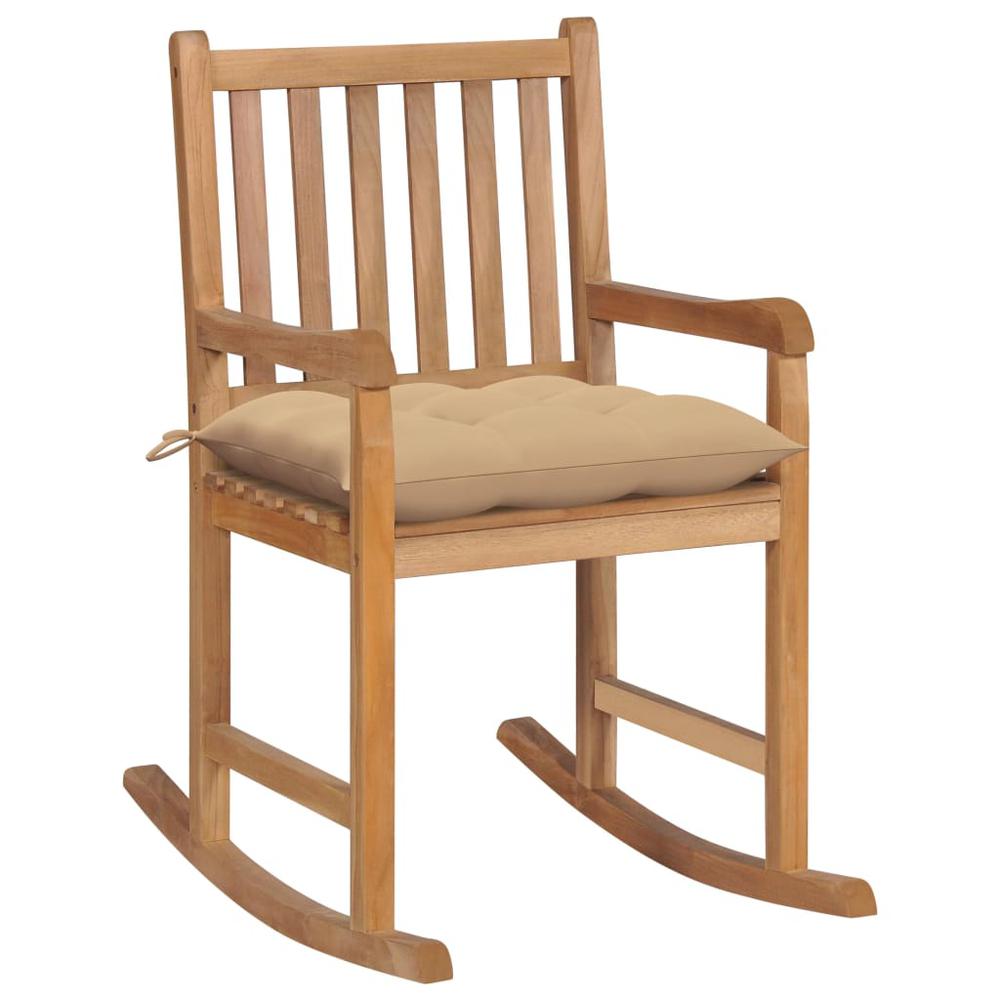 vidaXL Rocking Chair with Beige Cushion Solid Teak Wood. Picture 1