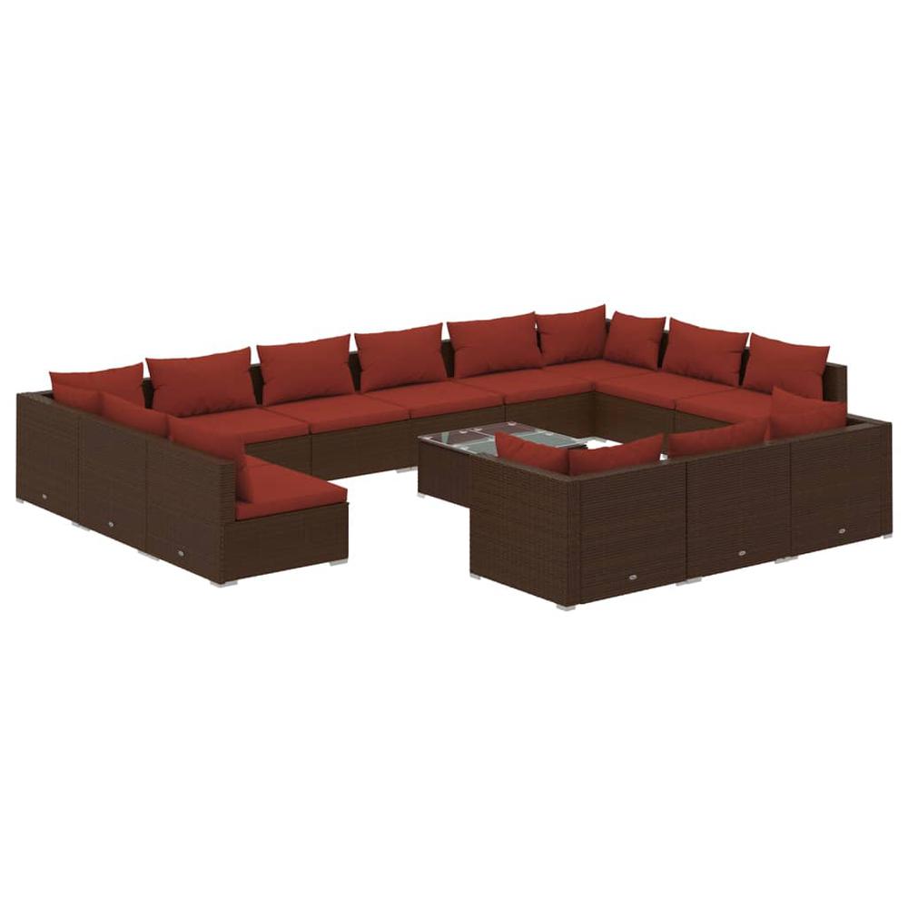 vidaXL 14 Piece Patio Lounge Set with Cushions Brown Poly Rattan, 3102115. Picture 2