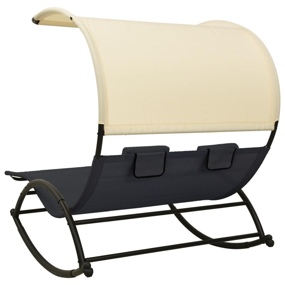 vidaXL Double Sun Lounger with Canopy Textilene Black and Cream. Picture 4
