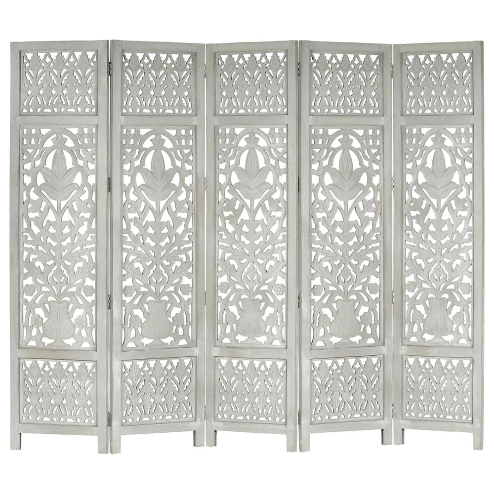 vidaXL Hand Carved 5-Panel Room Divider Gray 78.7"x65" Solid Mango Wood, 285333. Picture 2