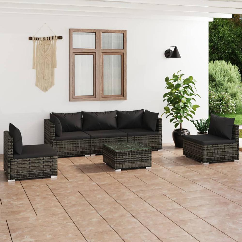 vidaXL 6 Piece Patio Lounge Set with Cushions Poly Rattan Gray, 3102197. Picture 1