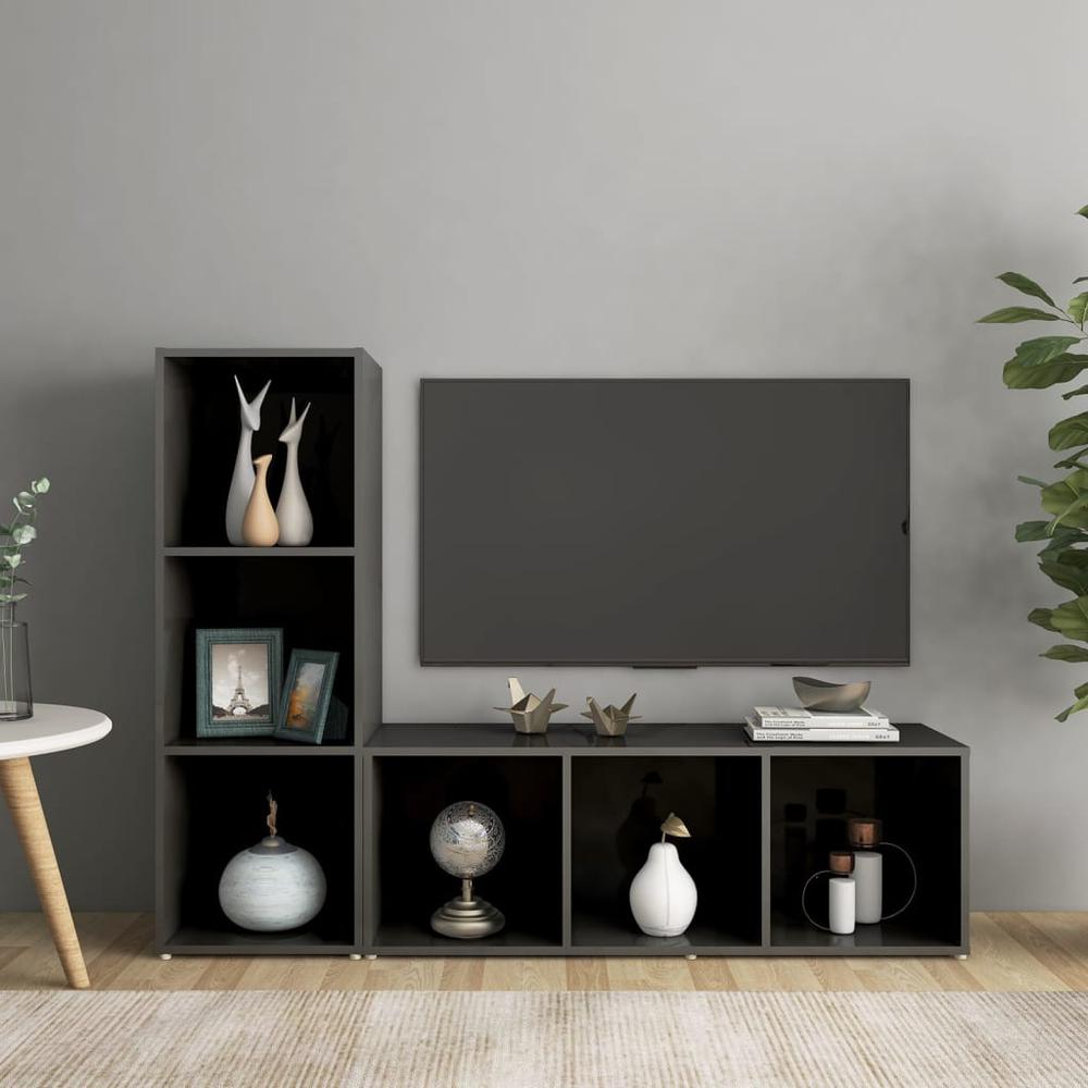 vidaXL TV Cabinets 2 pcs High Gloss Gray 42.1"x13.8"x14.6" Engineered Wood, 3079942. Picture 1