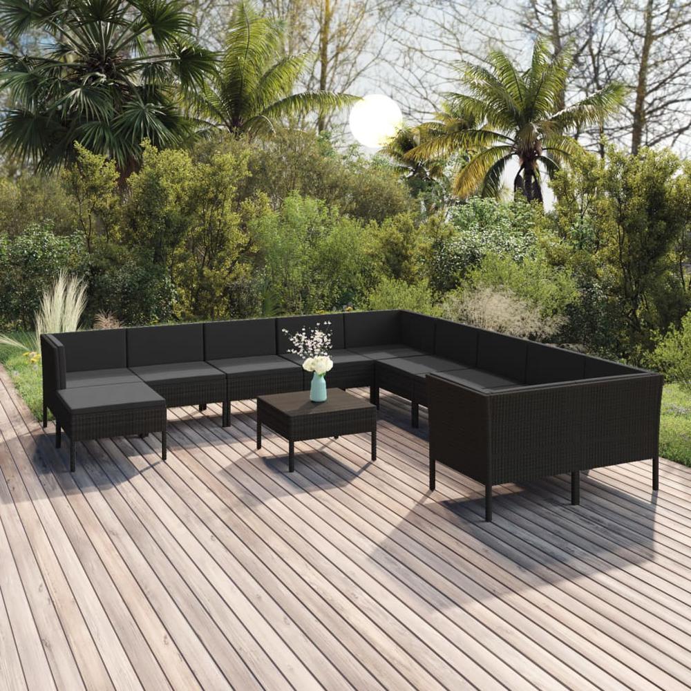 vidaXL 12 Piece Patio Lounge Set with Cushions Poly Rattan Black, 3094521. Picture 1