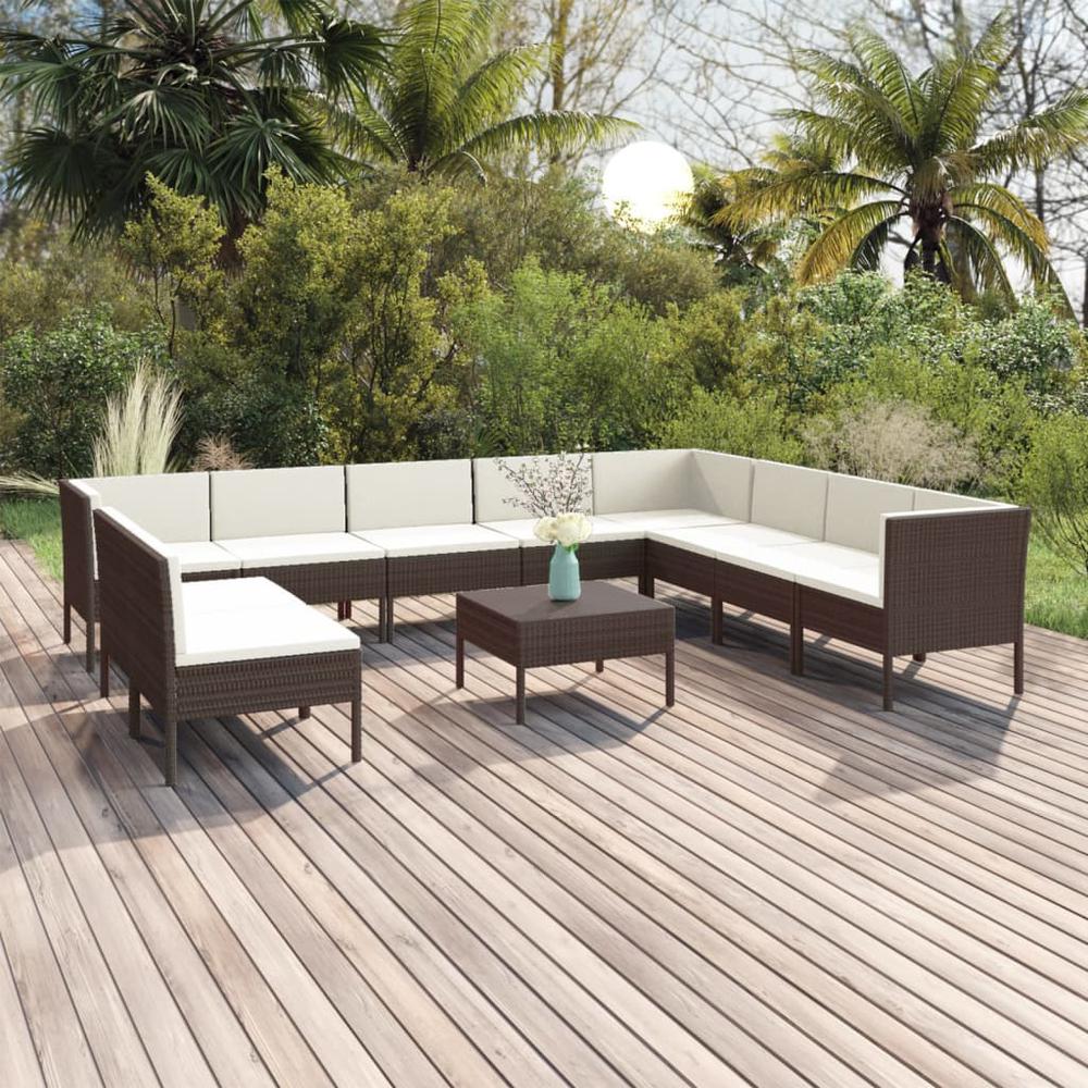 vidaXL 11 Piece Patio Lounge Set with Cushions Poly Rattan Brown, 3094471. Picture 1