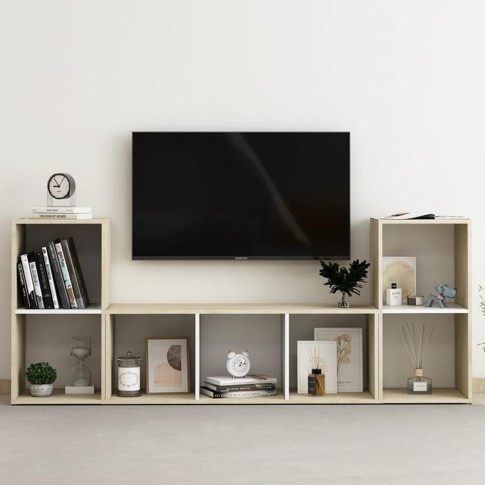 vidaXL 3 Piece TV Cabinet Set White and Sonoma Oak Engineered Wood, 3080020. Picture 1