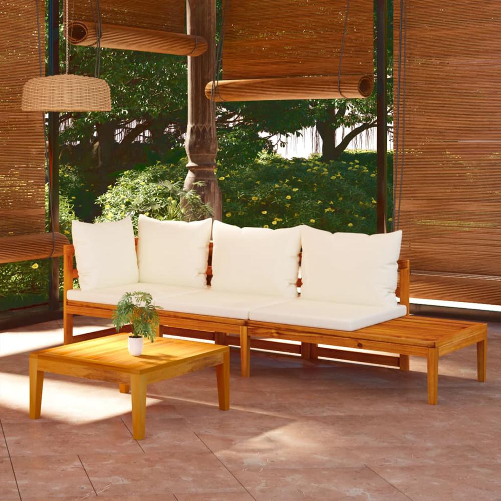 vidaXL 3 Piece Patio Lounge Set with Cream White Cushions Acacia Wood, 3087272. Picture 1