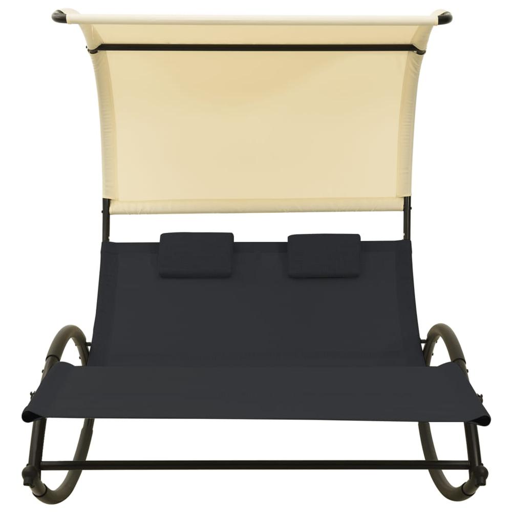 vidaXL Double Sun Lounger with Canopy Textilene Black and Cream. Picture 2