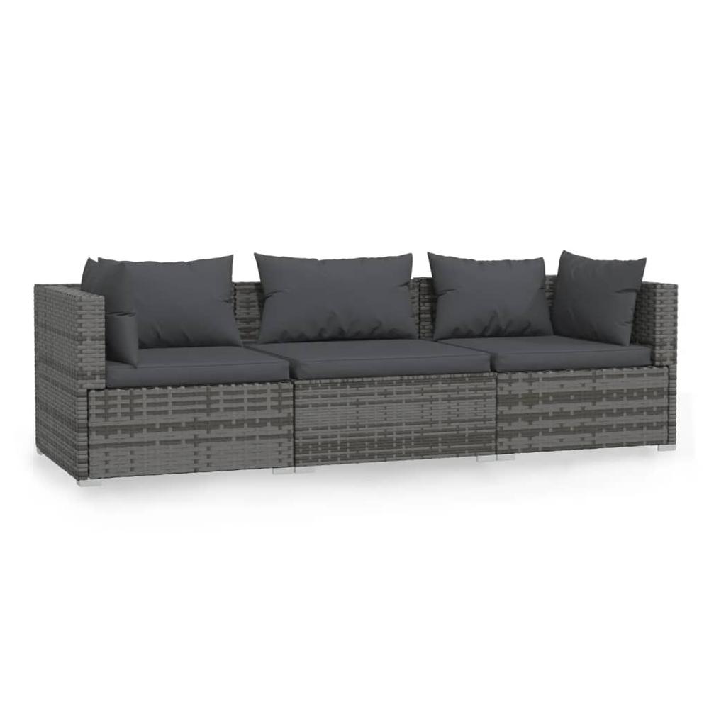 vidaXL 3-Seater Sofa with Cushions Gray Poly Rattan, 317511. Picture 2