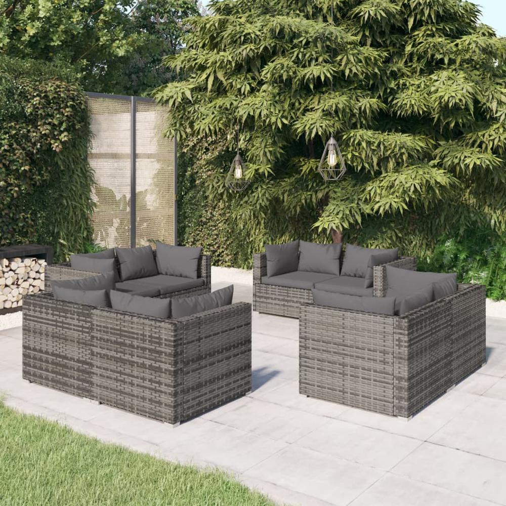 vidaXL 8 Piece Patio Lounge Set with Cushions Poly Rattan Gray, 3101557. Picture 1