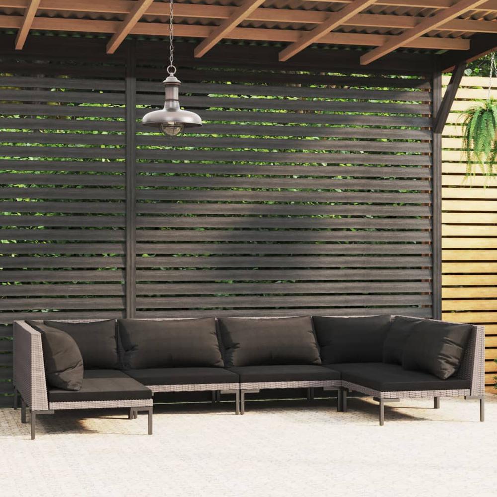 vidaXL 6 Piece Patio Lounge Set with Cushions Poly Rattan Dark Gray, 3099918. Picture 1