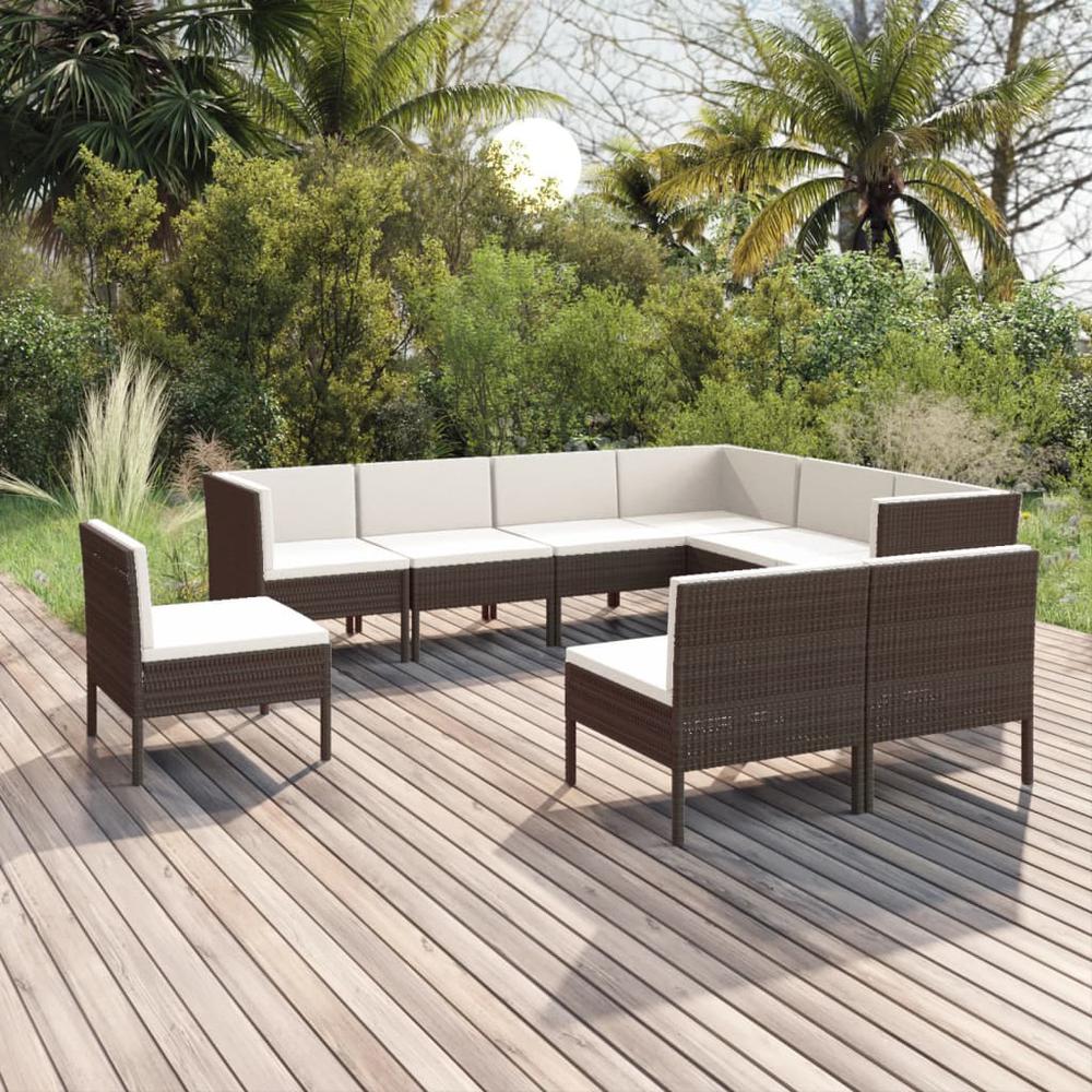 vidaXL 9 Piece Patio Lounge Set with Cushions Poly Rattan Brown, 3094447. Picture 1