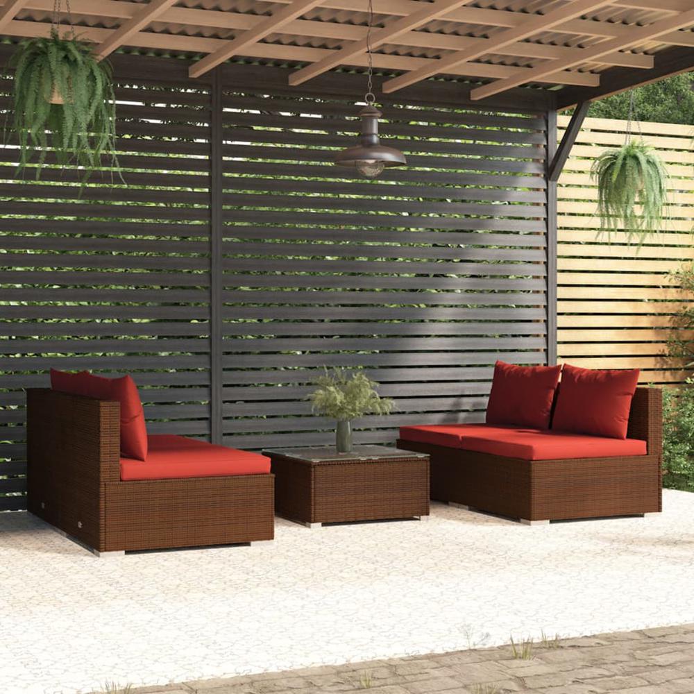 vidaXL 5 Piece Patio Lounge Set with Cushions Poly Rattan Brown, 3101443. Picture 1