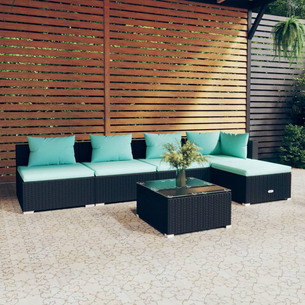vidaXL 6 Piece Patio Lounge Set with Cushions Poly Rattan Black, 3101633. Picture 1