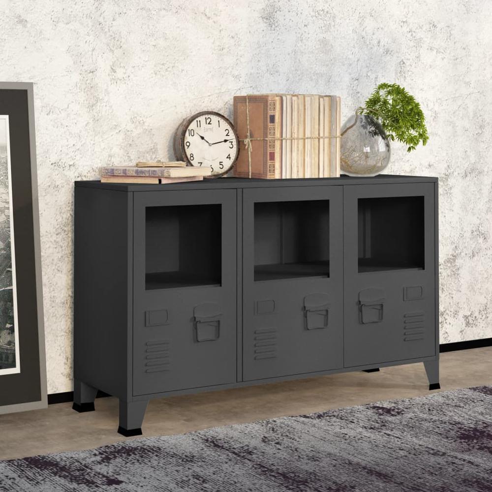 vidaXL Industrial Sideboard Anthracite 41.3"x13.8"x24.4" Metal and Glass. Picture 1