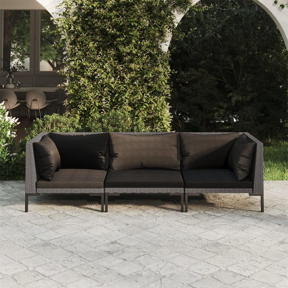 vidaXL 3 Piece Patio Lounge Set with Cushions Poly Rattan Dark Gray. Picture 1