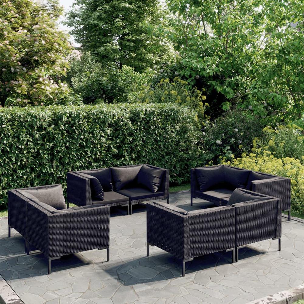 vidaXL 8 Piece Patio Lounge Set with Cushions Poly Rattan Dark Gray, 3099808. Picture 1
