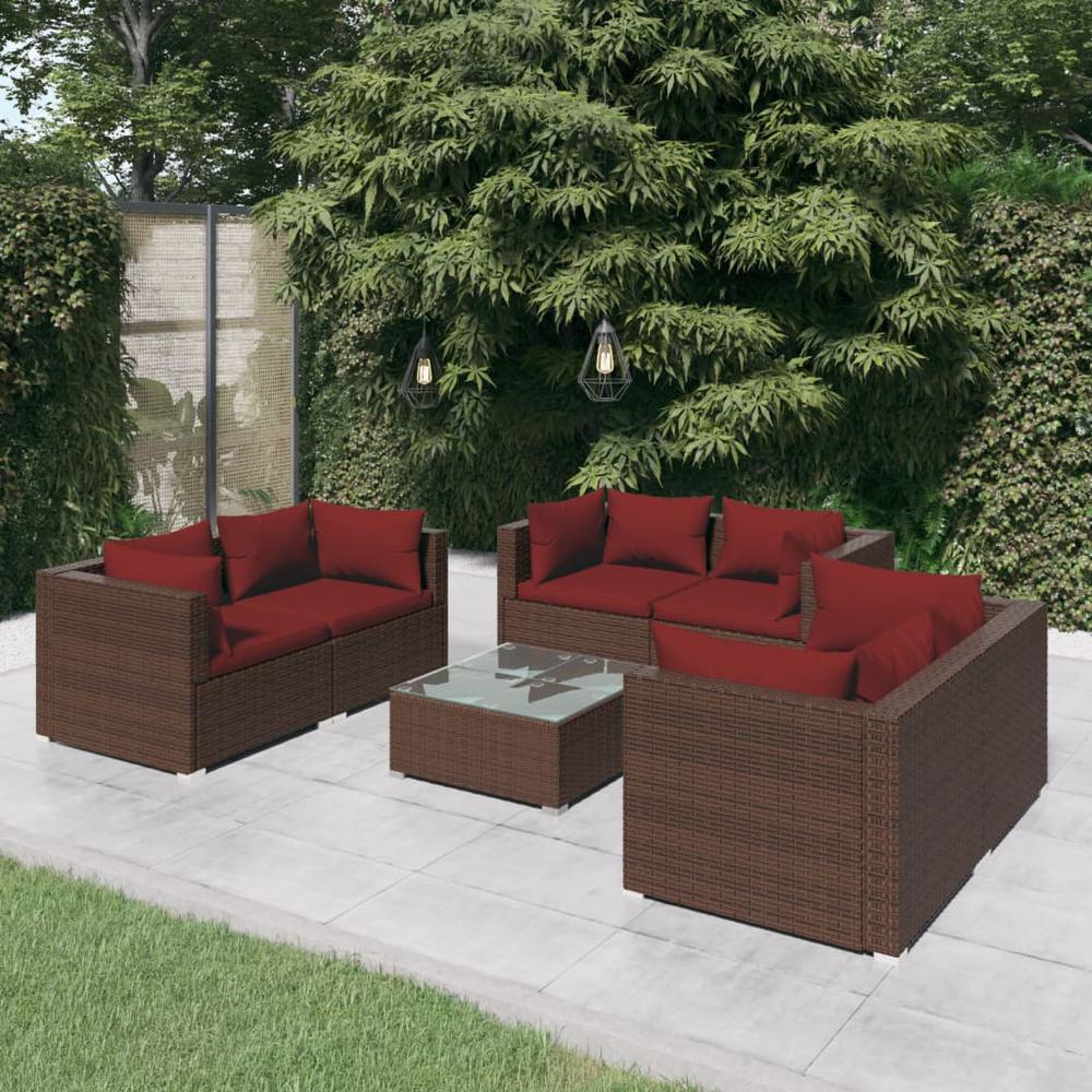 vidaXL 7 Piece Patio Lounge Set with Cushions Poly Rattan Brown, 3102307. The main picture.