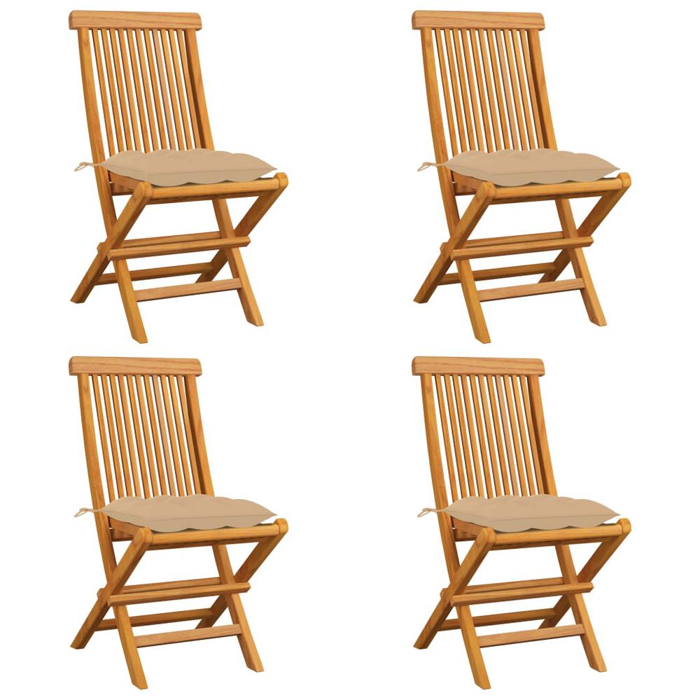 vidaXL Patio Chairs with Beige Cushions 4 pcs Solid Teak Wood, 3062586. Picture 1