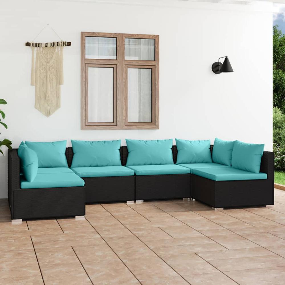 vidaXL 6 Piece Patio Lounge Set with Cushions Poly Rattan Black, 3101873. Picture 1