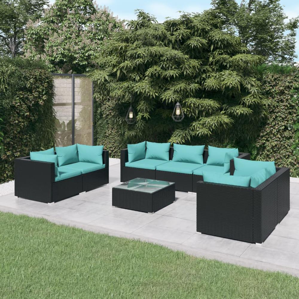 vidaXL 8 Piece Patio Lounge Set with Cushions Poly Rattan Black, 3102273. The main picture.