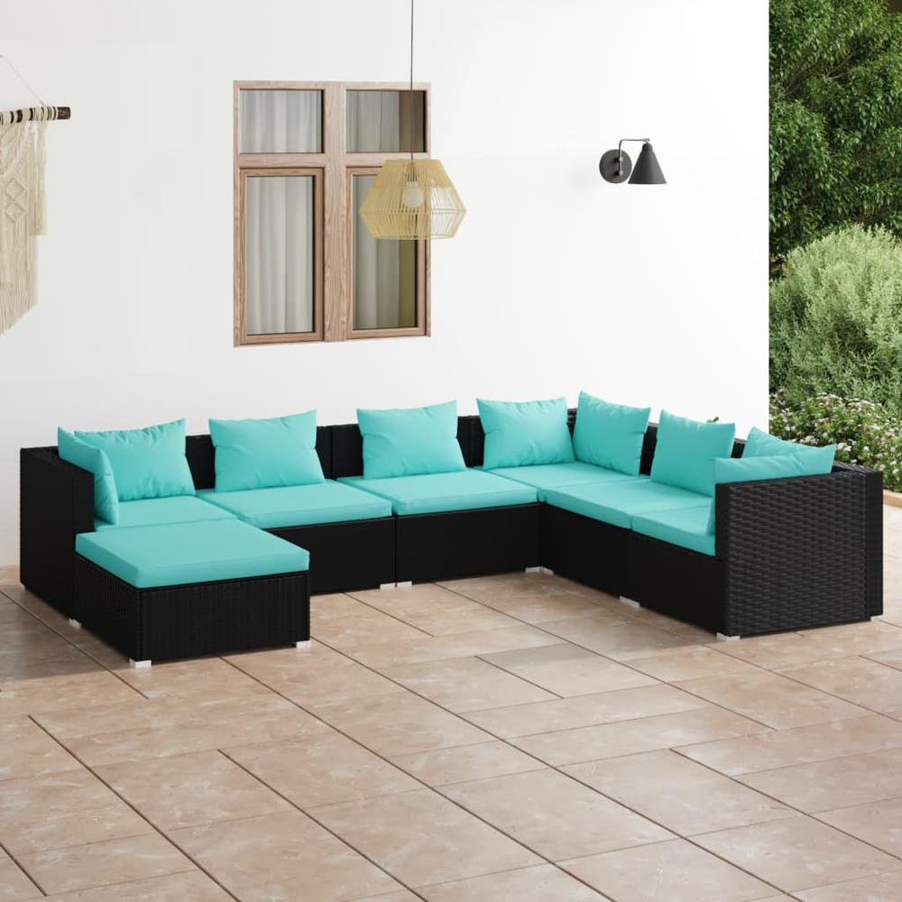 vidaXL 7 Piece Patio Lounge Set with Cushions Poly Rattan Black, 3101833. Picture 1