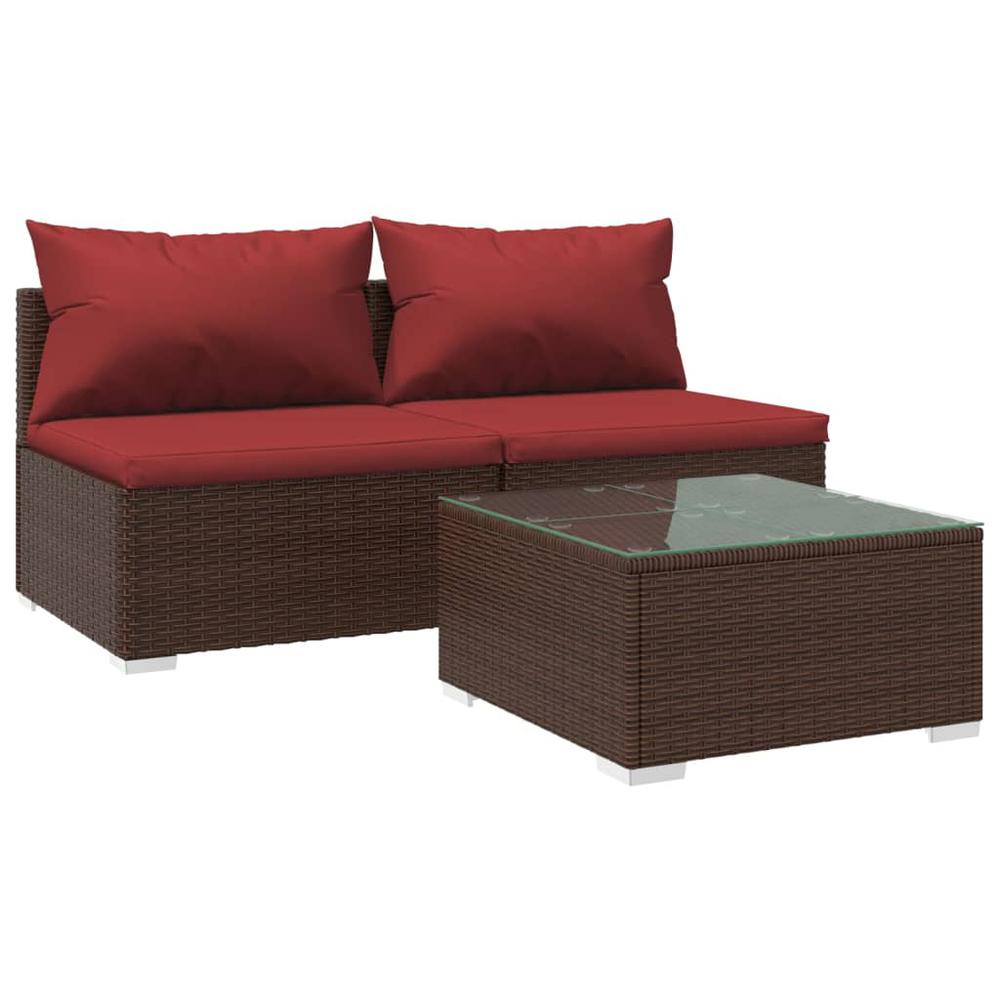 vidaXL 3 Piece Patio Lounge Set with Cushions Poly Rattan Brown, 3101403. Picture 2
