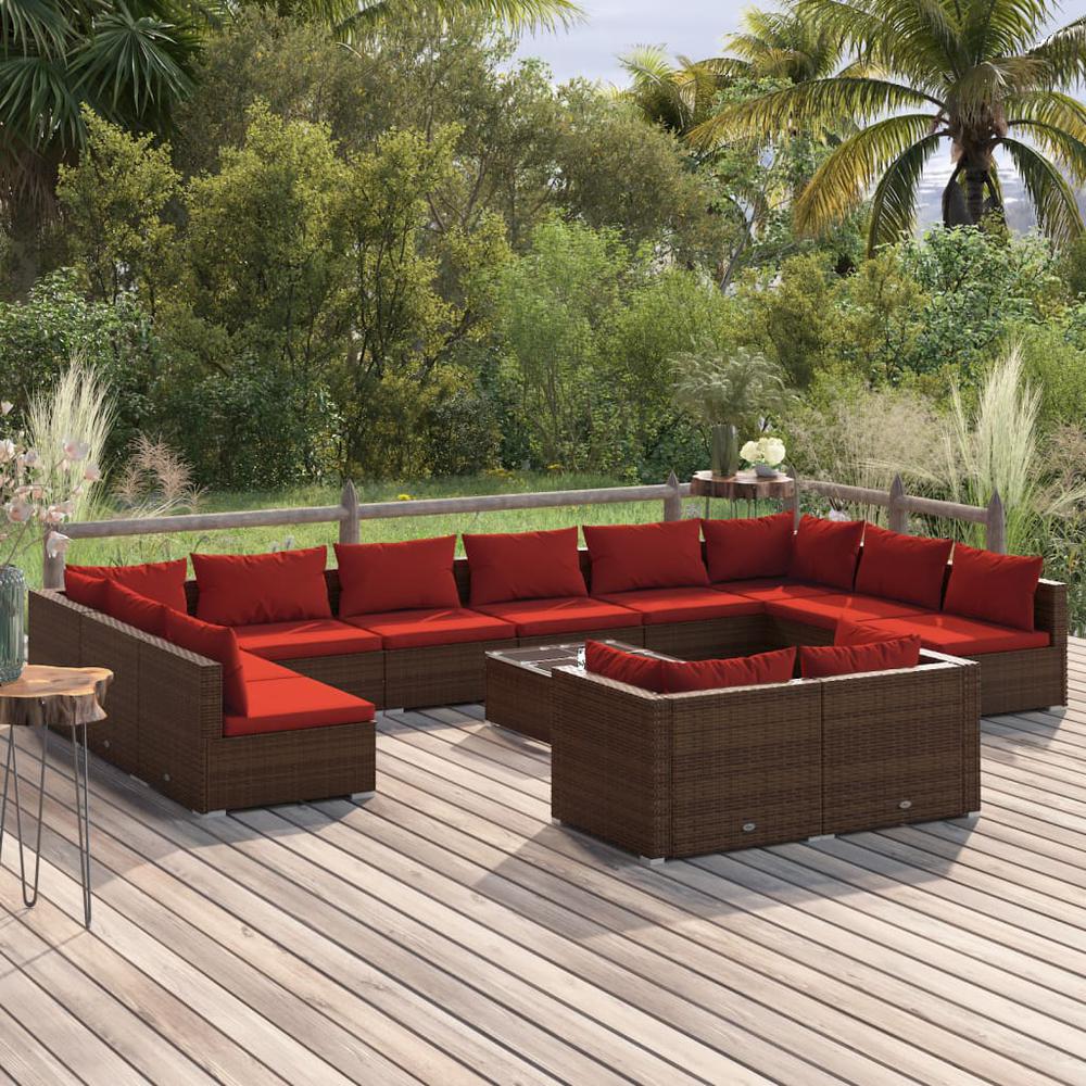 vidaXL 13 Piece Patio Lounge Set with Cushions Brown Poly Rattan, 3102099. Picture 1