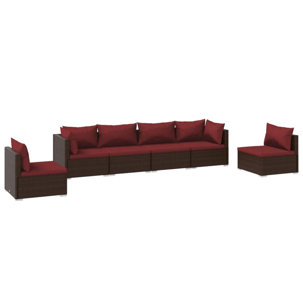 vidaXL 6 Piece Patio Lounge Set with Cushions Poly Rattan Brown, 3102203. Picture 2