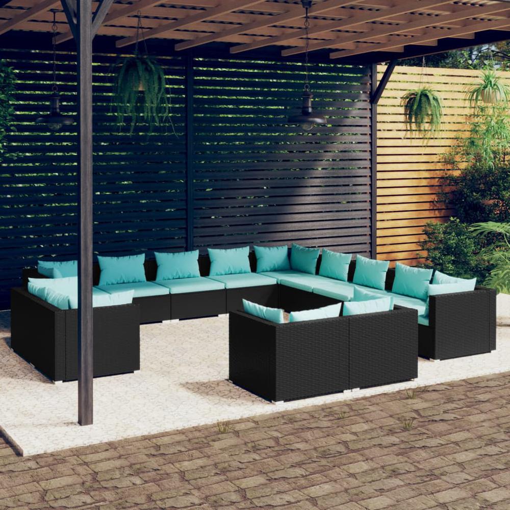 vidaXL 13 Piece Patio Lounge Set with Cushions Black Poly Rattan, 3102905. Picture 1