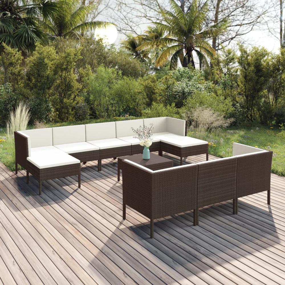 vidaXL 11 Piece Patio Lounge Set with Cushions Poly Rattan Brown, 3094583. Picture 1